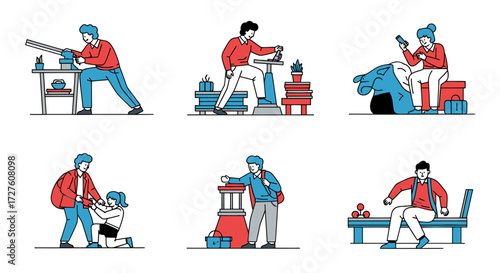 Line Art Illustrations: People Engaged in Diverse Daily Activities and Hobbies.