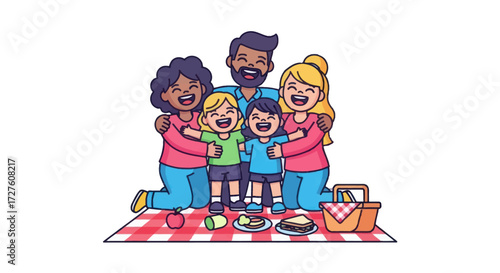 Happy diverse family enjoying a picnic together outdoors with food and basket.