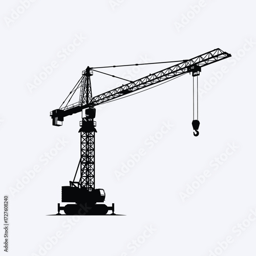 A stark silhouette of a construction crane against a plain white background