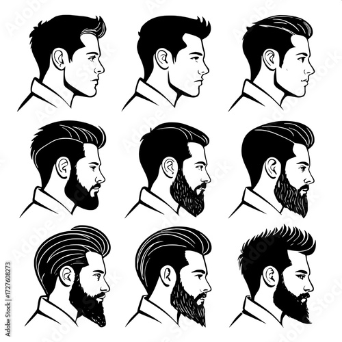 "Minimalist line drawing collection of twelve men’s grooming styles, arranged neatly in a grid, with faceless heads showing only haircuts and beard variations in bold black ink strokes."