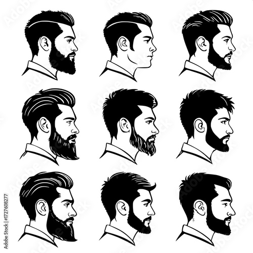 "Minimalist line drawing collection of twelve men’s grooming styles, arranged neatly in a grid, with faceless heads showing only haircuts and beard variations in bold black ink strokes."
