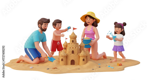 Family Building a Sandcastle on the Beach Enjoying Summer Vacation Together.