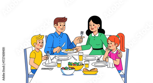 Happy cartoon family of four enjoying a meal together at a dining table.
