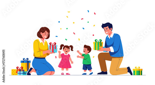 Happy Family Celebrating with Gifts and Confetti.
