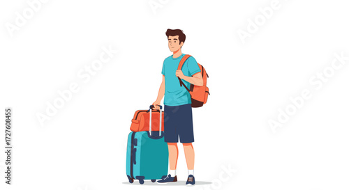 Young Man Ready for Travel with Luggage and Backpack.