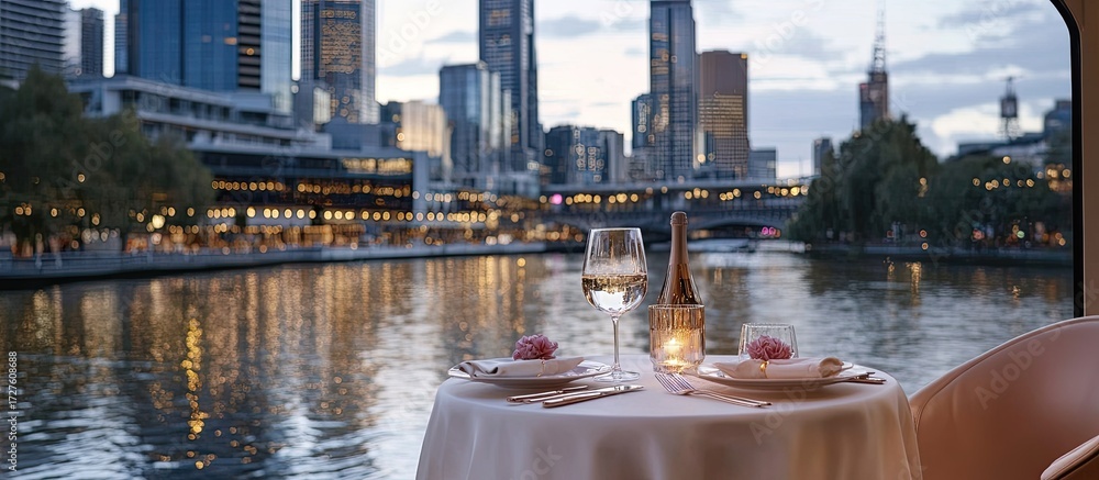 Fototapeta premium Romantic Melbourne River Dinner: City Lights & Intimate Table Setting