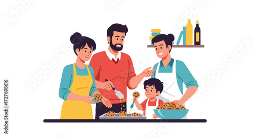 Family Cooking Together in Kitchen Preparing Food Smiling and Happy.