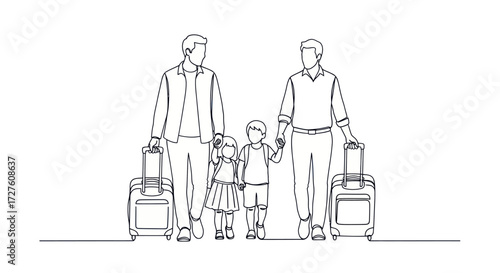 Line Drawing of Family with Luggage Traveling Together.