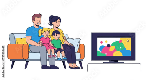 Happy family with two children watching television together on a comfortable sofa.