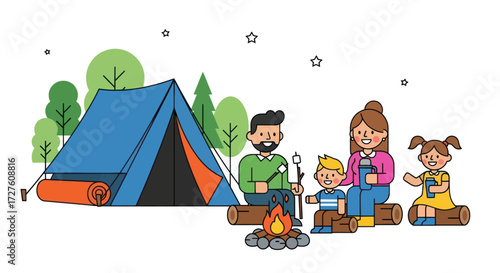 Happy family camping trip with tent and campfire illustration.