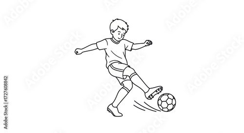 A simple black and white line drawing of a young boy kicking a soccer ball.