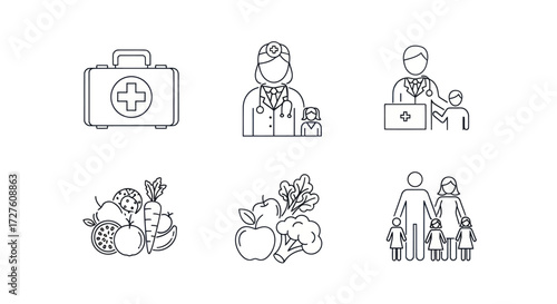 Healthcare Icons: Doctor Family First Aid Healthy Food.