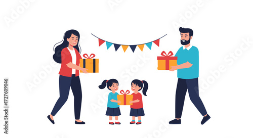 Family exchanging gifts under festive bunting.