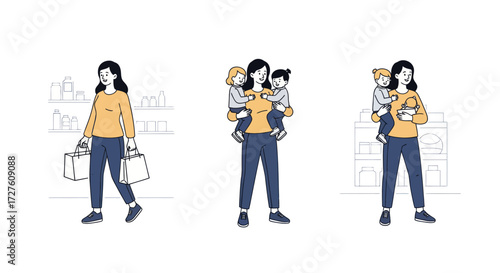 Woman with Shopping Bags and Children: A Depiction of Motherhood and Daily Life.