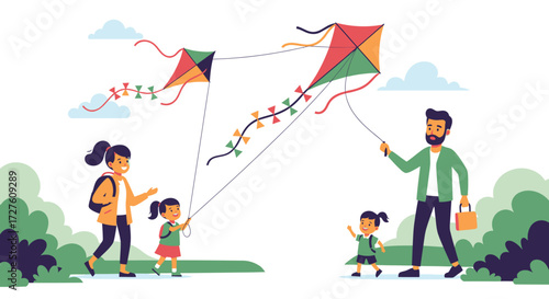 Family Enjoying a Colorful Kite Flying Day Outdoors.