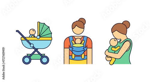 Motherhood Icons: Stroller Baby Carrier and Holding Infant.