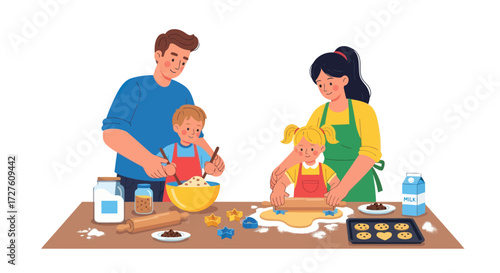 Family happily baking cookies together in the kitchen creating sweet memories.