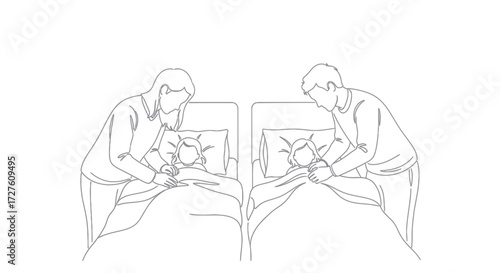 Two parents tucking in their children in separate beds.