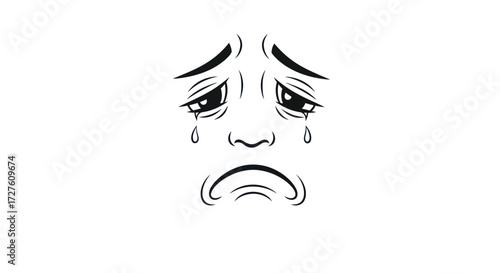 Simple Black and White Sad Cartoon Face with Tears.