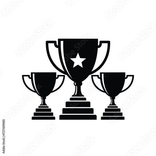 Black silhouette of three trophies with a star representing success