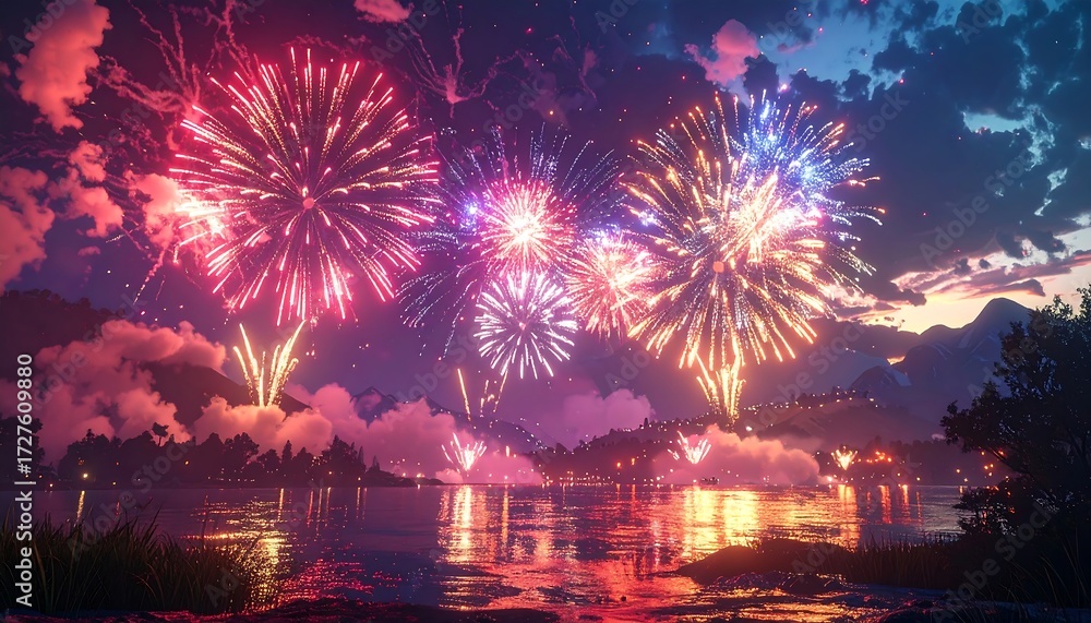 Fototapeta premium Fireworks over a lake at night