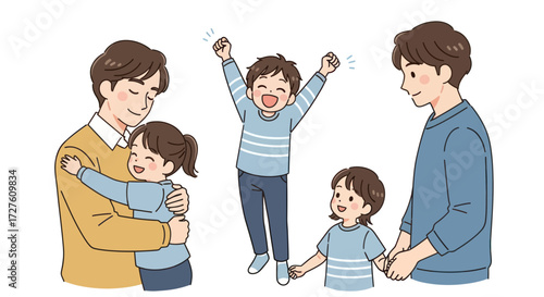 Happy father and two children cartoon illustration set showing family moments.