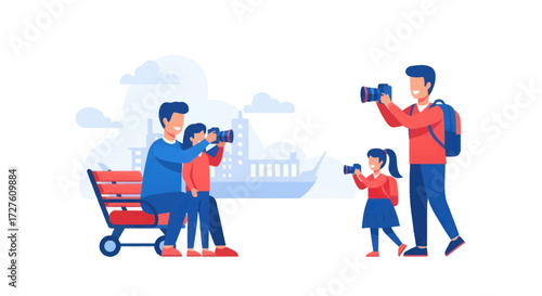 Family Taking Pictures with Cameras in a Park Illustration.