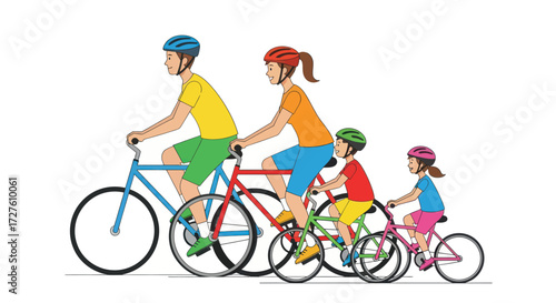 Family Cycling Together on Bikes of Different Sizes.