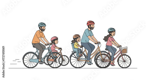 Hand-drawn illustration of a happy family with two fathers and three children on a bicycle ride.
