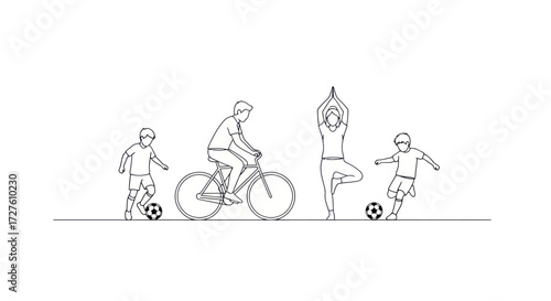 A minimalist line art illustration of a family enjoying healthy activities like cycling yoga and soccer.