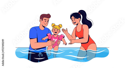 Family Teaching Toddler to Swim in Pool.