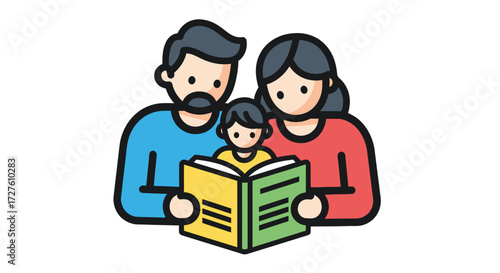 Happy family reading a book together illustration.