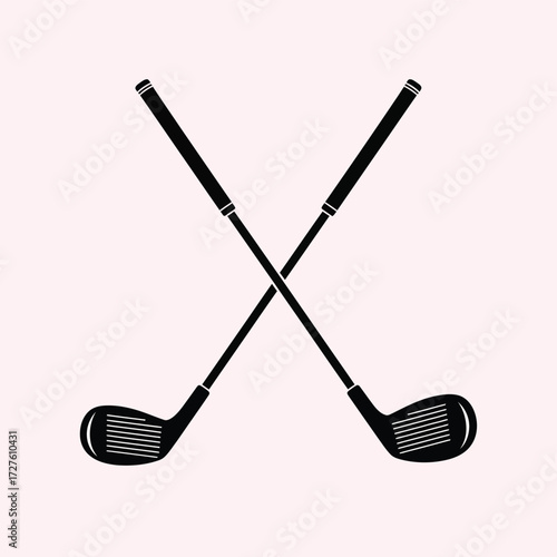 Two crossed golf clubs depicted on a pale pink background