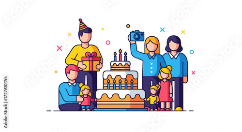 Cheerful Family Celebrating Birthday with Cake and Gifts.