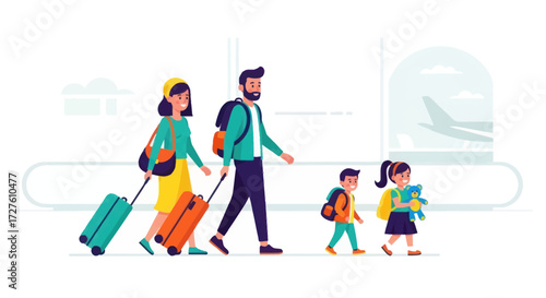 Happy Family of Four Traveling Together at Airport.