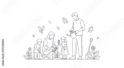 Family Gardening Activity Outline Illustration.