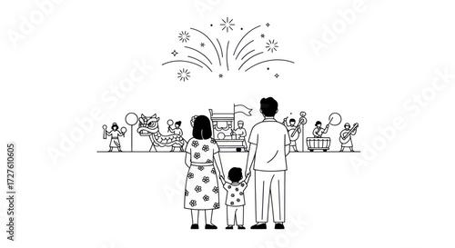 Line art illustration of a family holding hands while watching a fireworks display at a crowded festival.