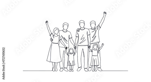Continuous line art drawing of diverse family group celebrating unity.