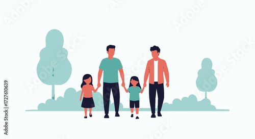 Gay Male Couple Holding Hands with Two Daughters in Park.