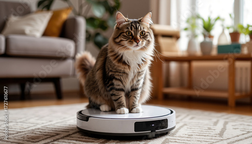 Cat sitting on robotic vacuum cleaner in cozy living room  