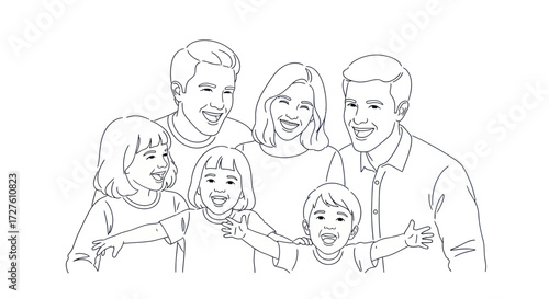 Happy Smiling Family Line Art Illustration with Two Parents and Four Children.