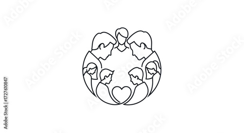 Stylized Line Art of a Diverse Family Embracing in a Circle.