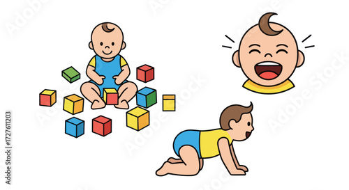 Baby Playing with Blocks and Crawling Developmental Stages.