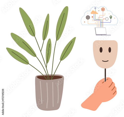 Potted plant representing nature, hand holding a mask symbolizing identity, and laptop with a connected network cloud reflecting technology. Ideal for sustainability, psychology, digital balance