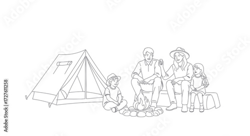 Family Camping Illustration: Tent Campfire and People Enjoying the Outdoors.