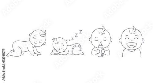 Adorable baby line art illustration set: crawling sleeping drinking and laughing.