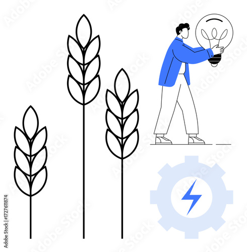 Person holding a light bulb symbolizes innovation beside wheat stalks and a gear with a lightning motif. Ideal for sustainability, renewable energy, agriculture, eco-friendly farming, technology