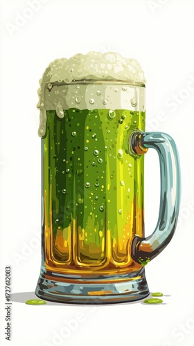 Green beer with foam in a glass mug during a festive gathering