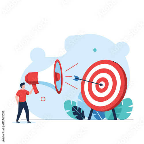 Man with megaphone announcing a marketing target with an arrow hitting the bullseye.