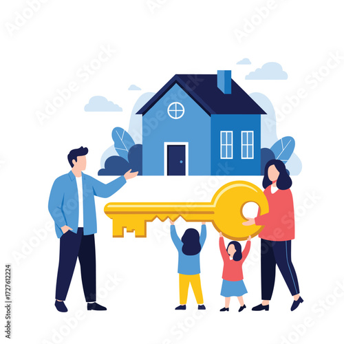 A happy family receives the keys to their new dream home together.